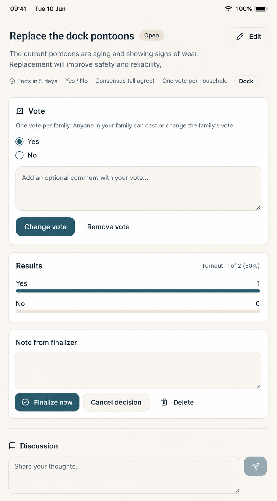 HavenShare decisions view with an active proposal and vote progress