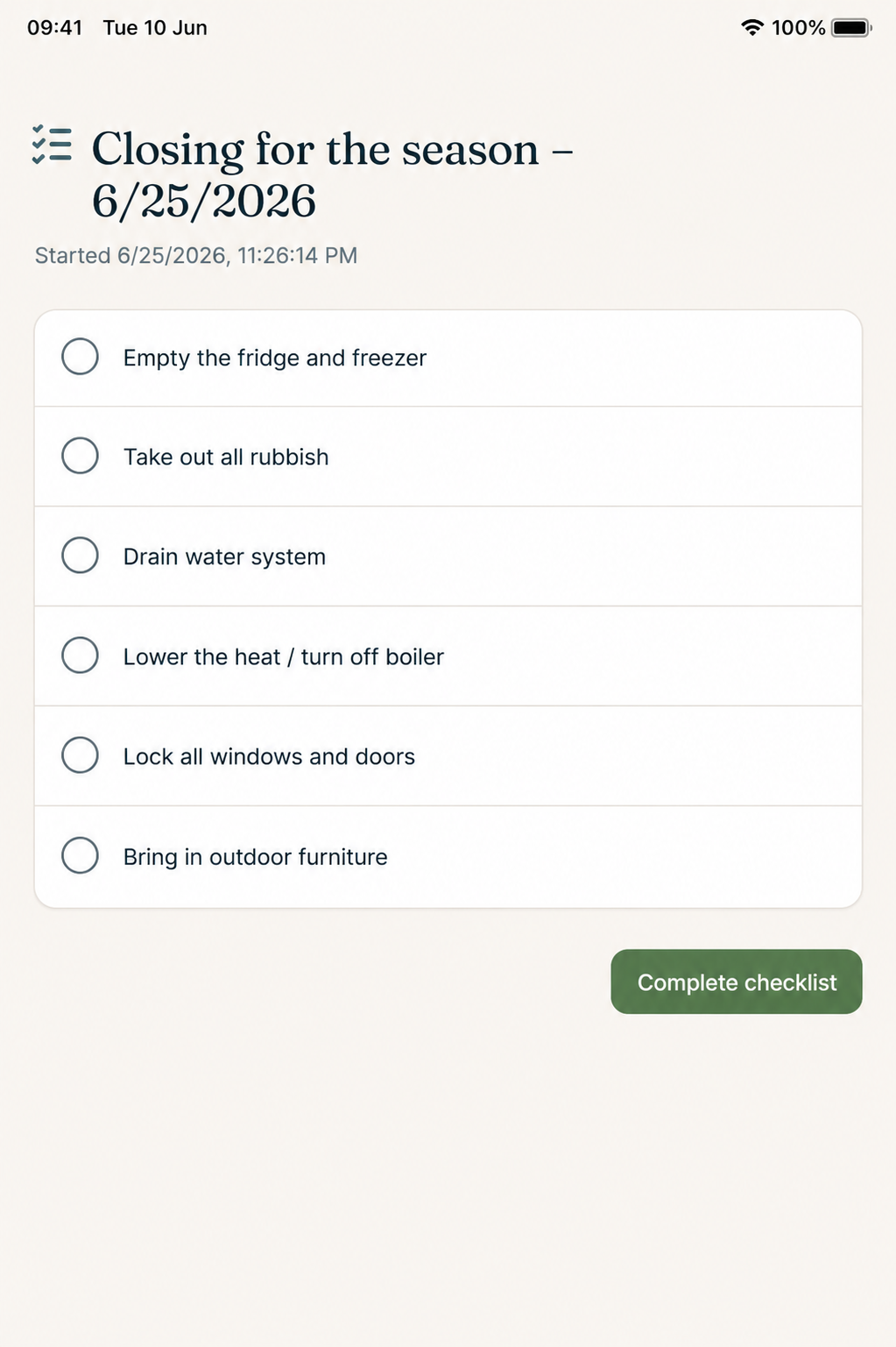 HavenShare recurring checklist for arrival, departure and seasonal opening