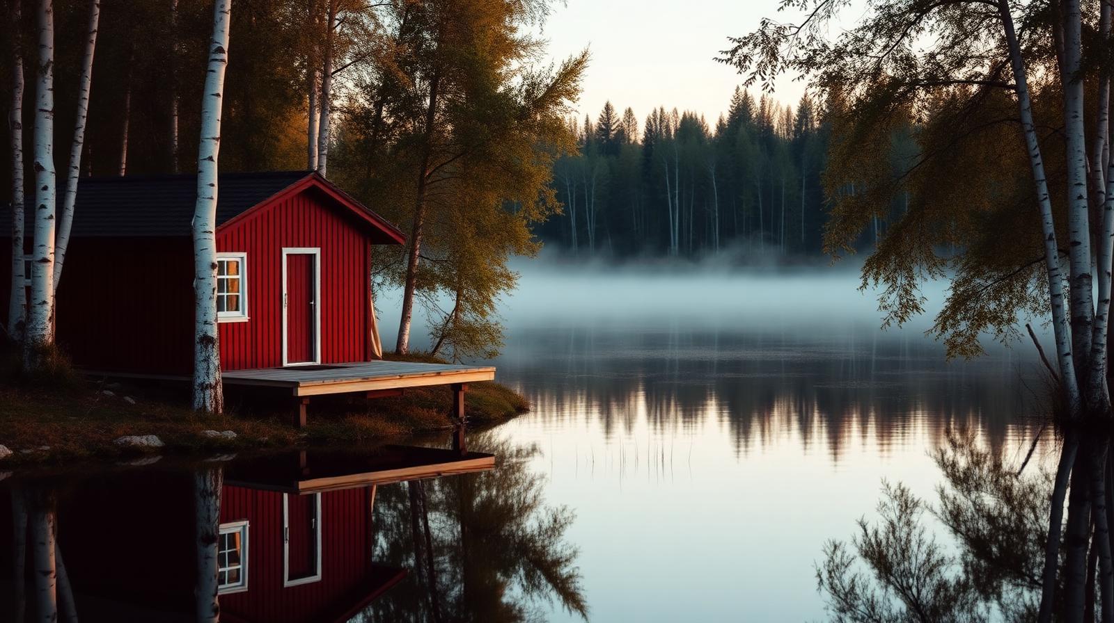A red Swedish summer cabin reflected in a still lake at golden hour