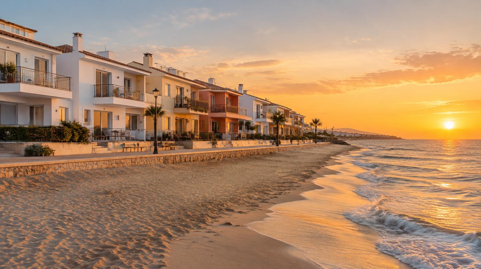 a row of low continental beach side apartments overlooking a beach and ocean at sunset