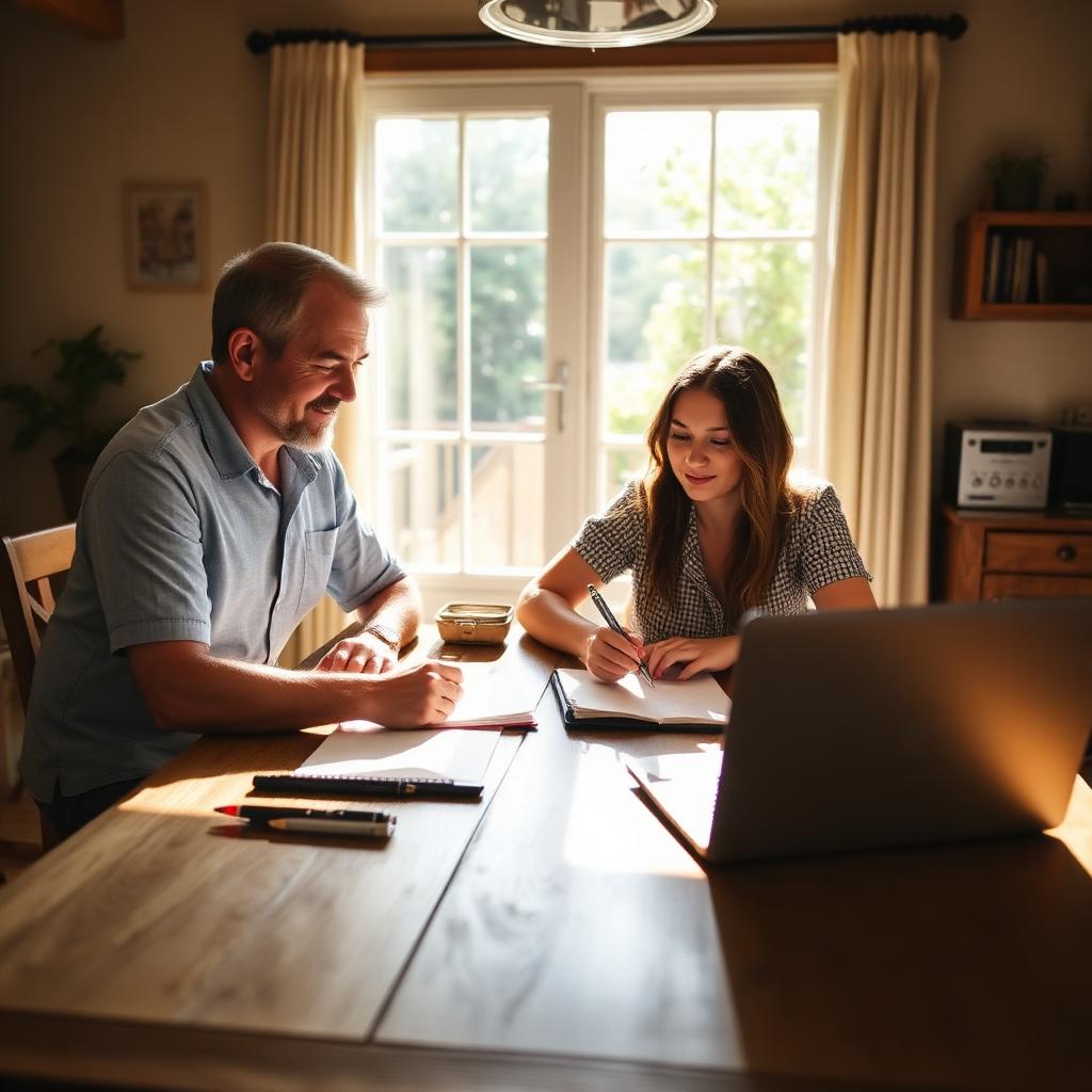 People reviewing expenses together at a wooden table in a summer house